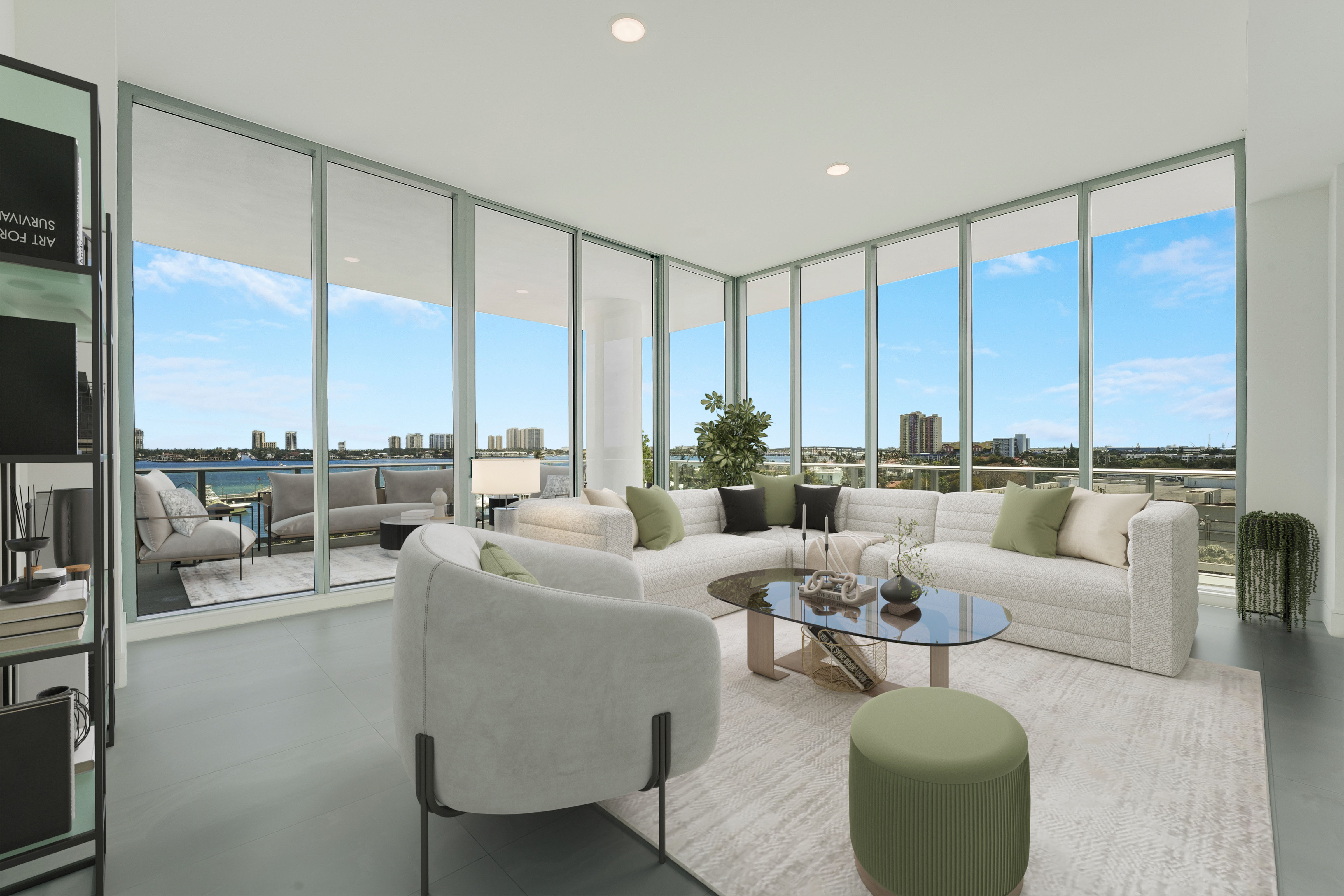 Virtually staged living room in Residence 612 with wraparound waterfront views