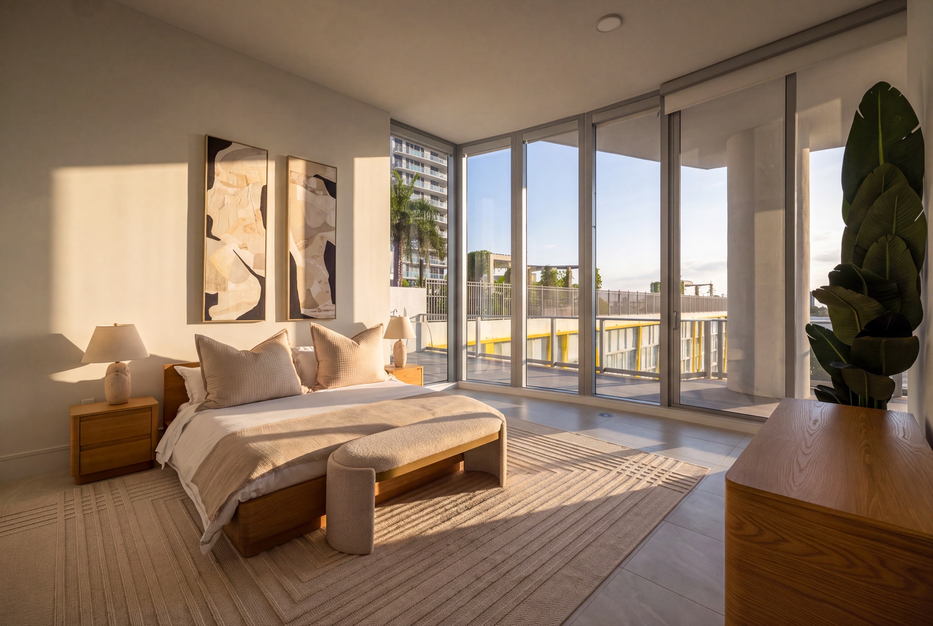 Primary bedroom in Residence 612 illuminated by golden-hour light