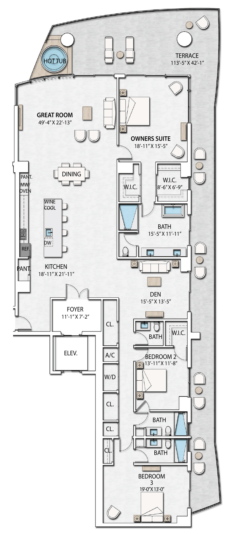 Residence 612 Ha floor plan with three bedrooms, den and extended private terrace