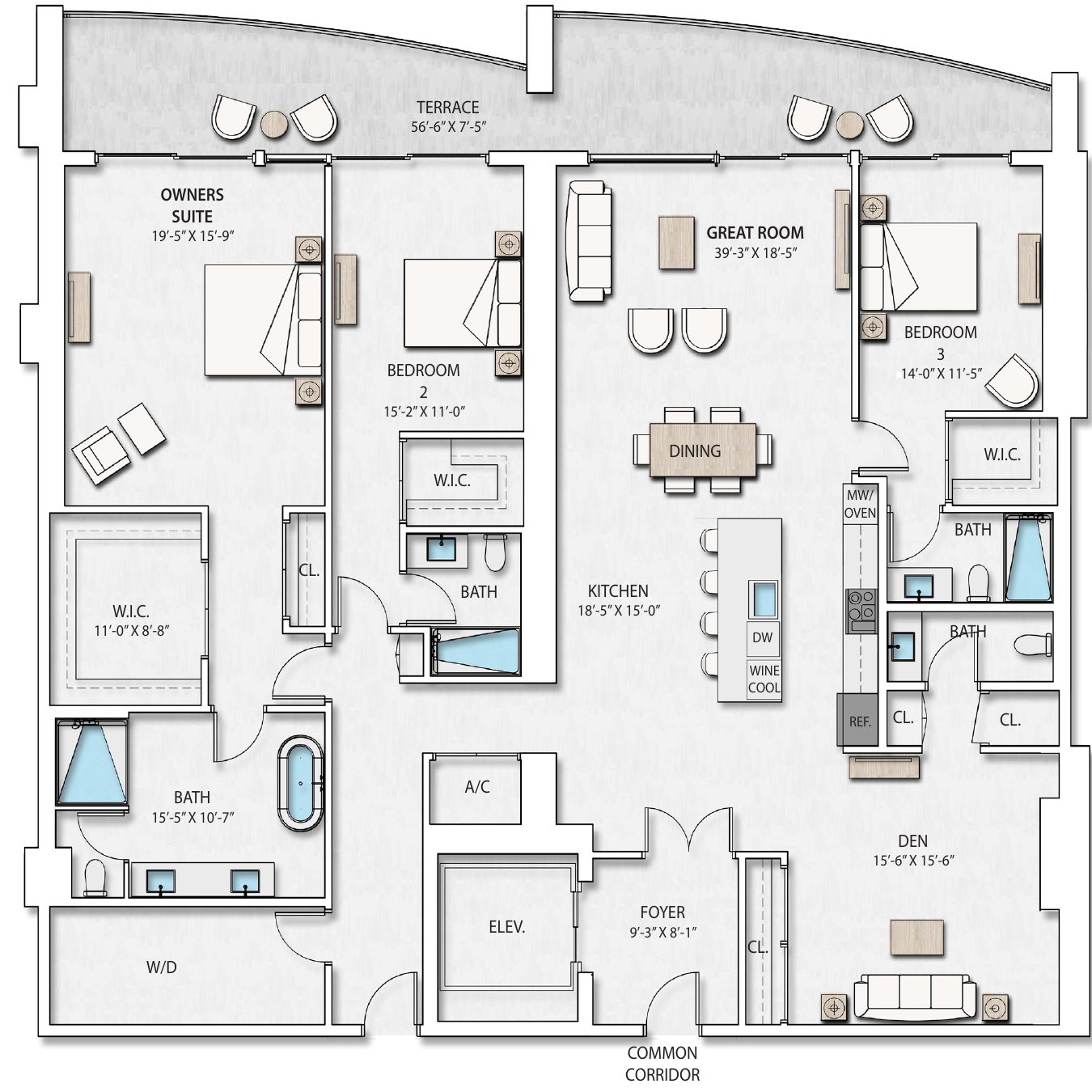 Executive 704 S.2 floor plan with three bedrooms, den and waterfront terrace